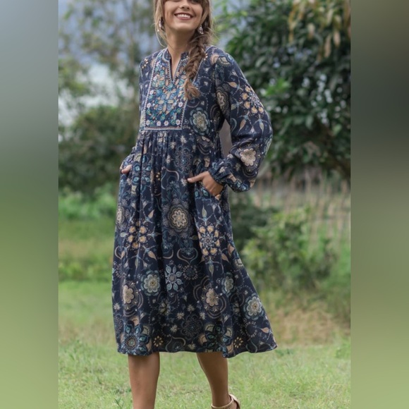 Novica Dresses & Skirts - NOVICA "Celestial Day" Boho Granola Hippie Embroidered Empire Floral LS Midi XXL